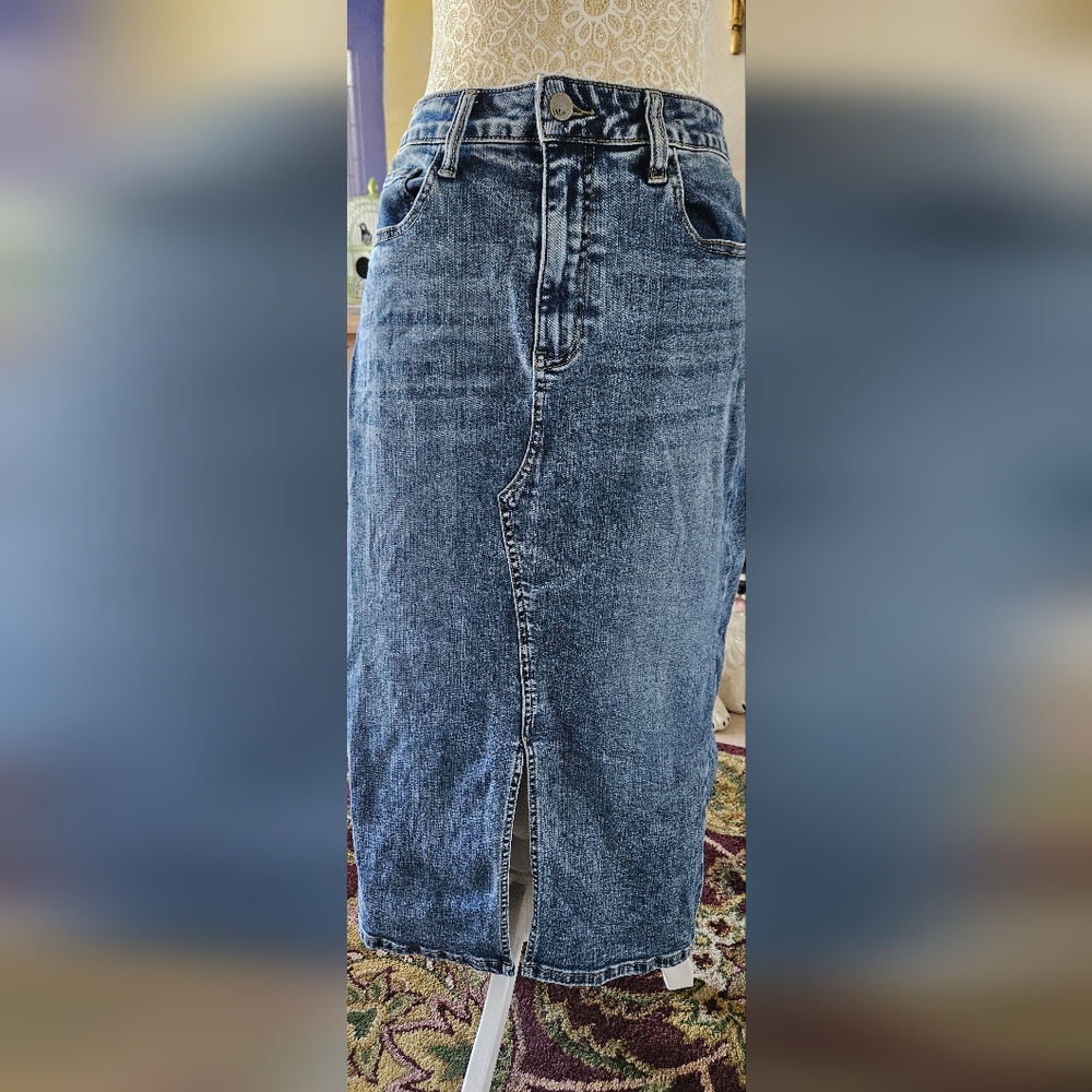 Wash Lab Blue Denim Midi Skirt with Front Slit Size 27 (4)